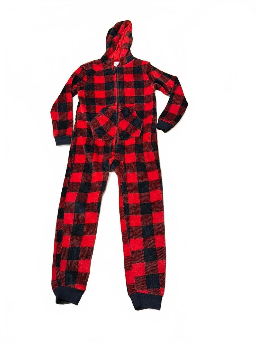Cat & Jack Red Black Pjs Sleepwear Kids 10 Checkered Hooded 1 Piece Lumberjack
